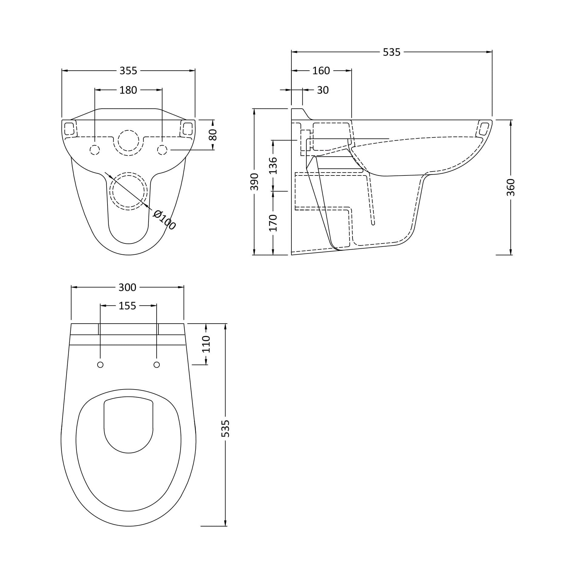 [BCAD140P] Balterley Adley Modern Bathroom Wall Hung Toilet Pan 390mm x 355mm - White - Technical Drawing