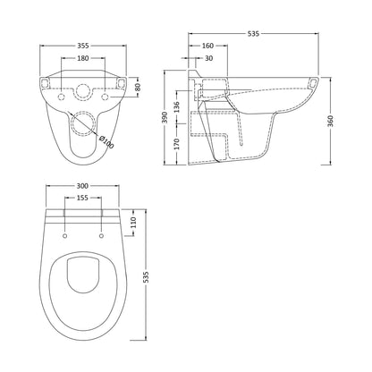 [BCAD140P] Balterley Adley Modern Bathroom Wall Hung Toilet Pan 390mm x 355mm - White - Technical Drawing