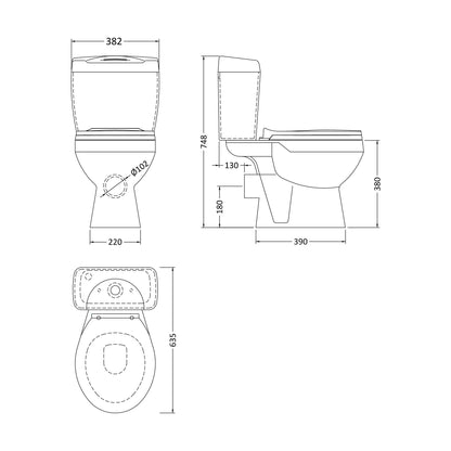 [BCAD150] Anslow Compact Close-Coupled Toilet & Cistern with Standard Seat - White Ceramic, 748 x 382mm - Technical Drawing