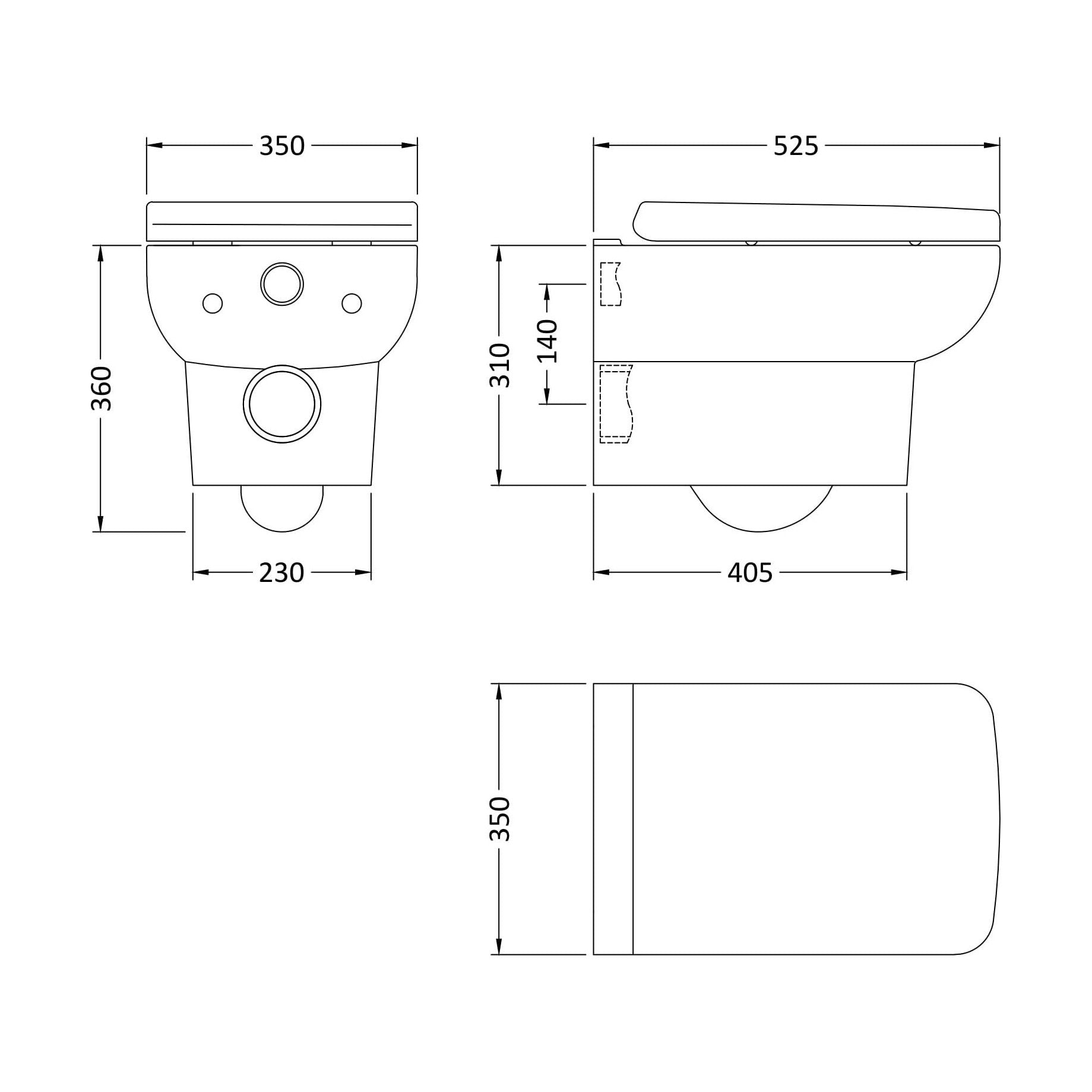[BCAL005] Meaford Contemporary Square Wall Hung Toilet Pan and Soft Close Seat, 420 x 350 x 525mm - Technical Drawing