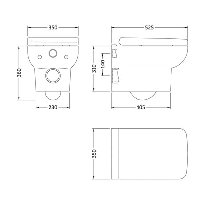 [BCAL005] Meaford Contemporary Square Wall Hung Toilet Pan and Soft Close Seat, 420 x 350 x 525mm - Technical Drawing
