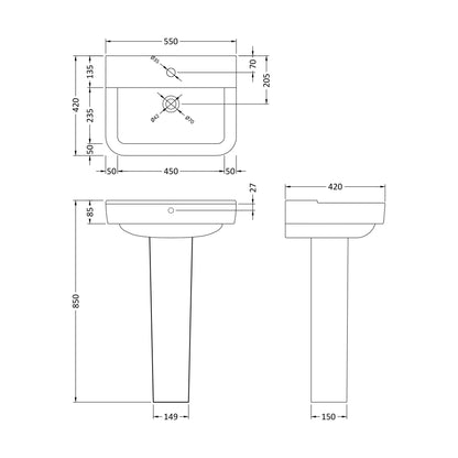 [BCAL025] Meaford Square 1 Tap Hole Ceramic Basin & Full Pedestal, 820 x 550 x 420mm - Technical Drawing