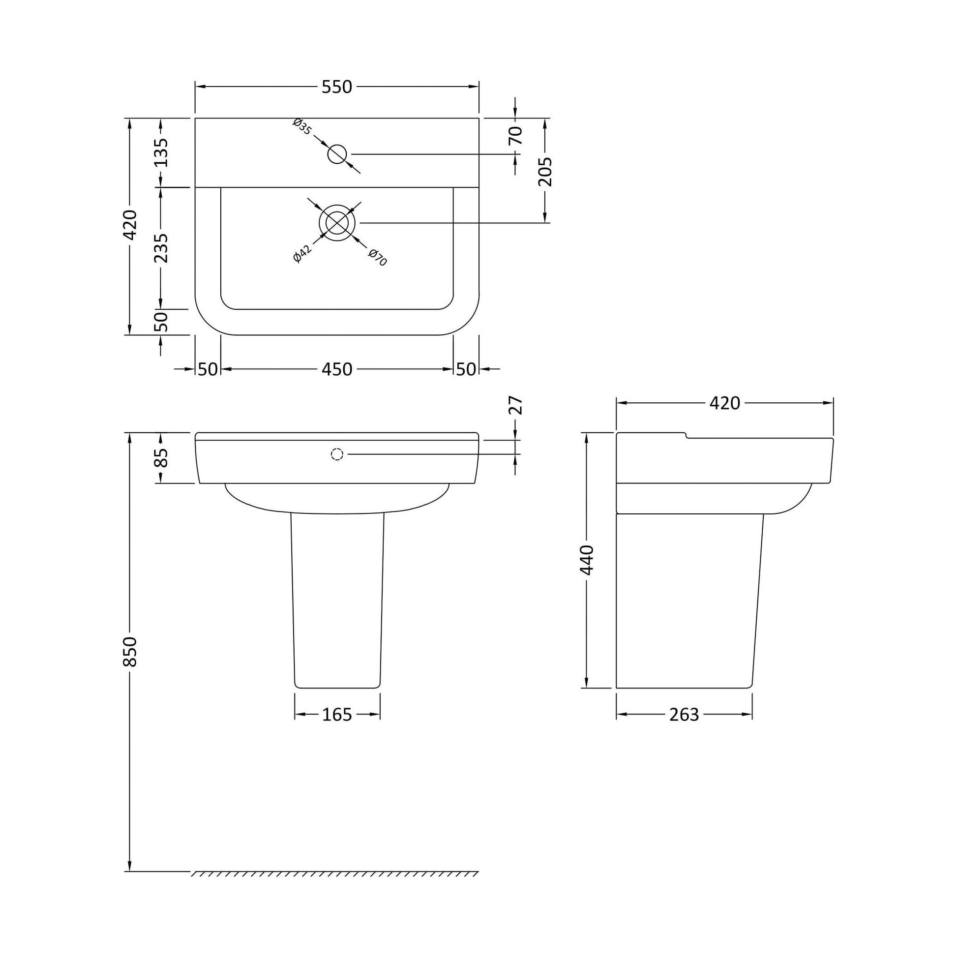 [BCAL026] Meaford Contemporary Square 1 Tap Hole Ceramic Bathroom Sink and Semi Pedestal, 445 x 550 x 450mm - Technical Drawing
