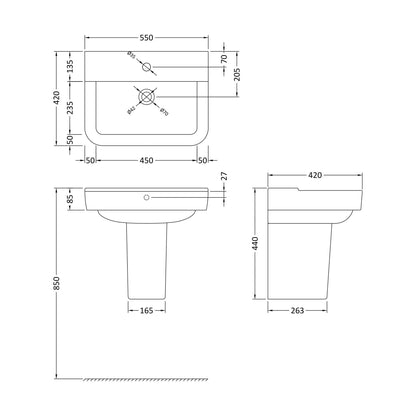 [BCAL026] Meaford Contemporary Square 1 Tap Hole Ceramic Bathroom Sink and Semi Pedestal, 445 x 550 x 450mm - Technical Drawing