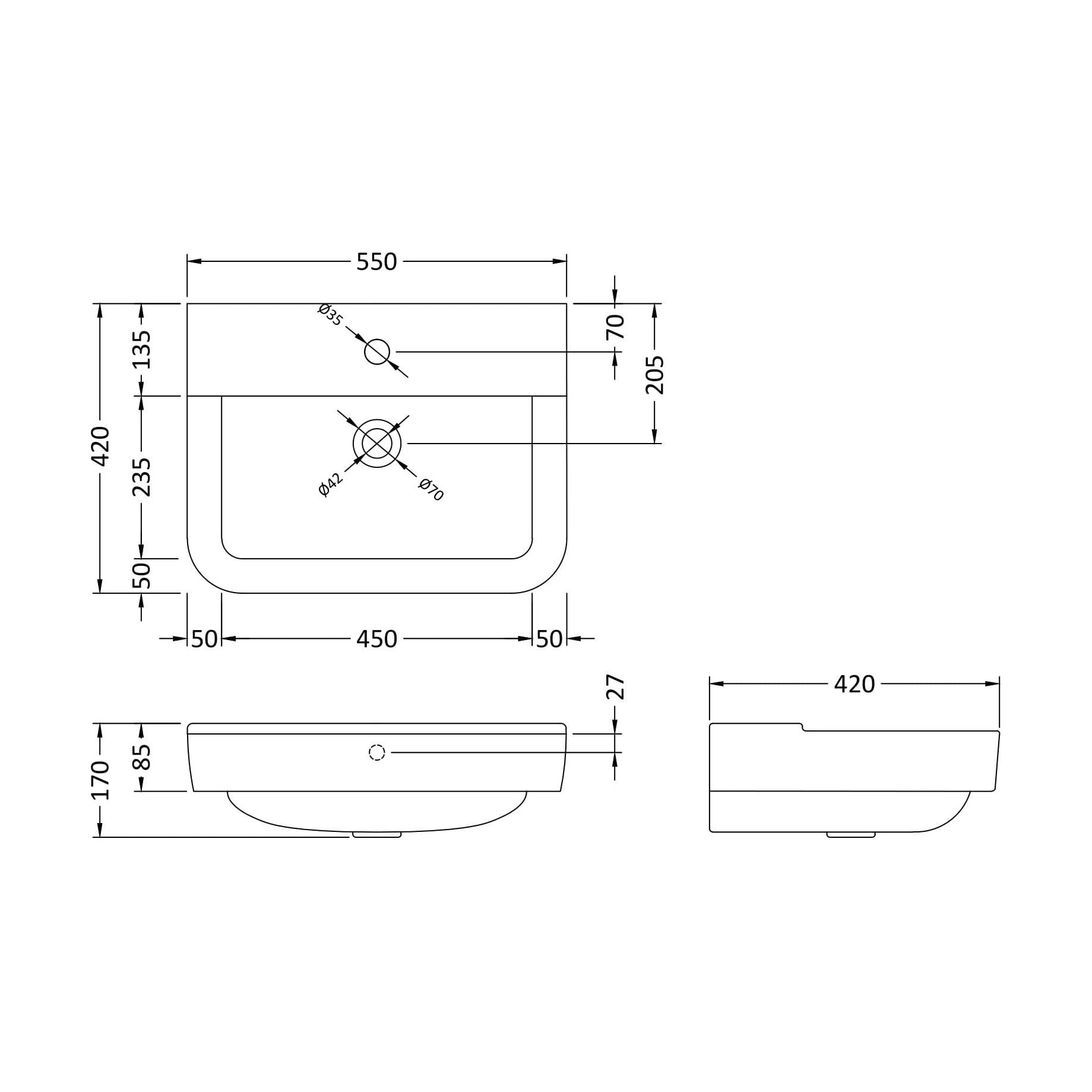 [BCAL704] 550mm 1th Basin - Technical Drawing