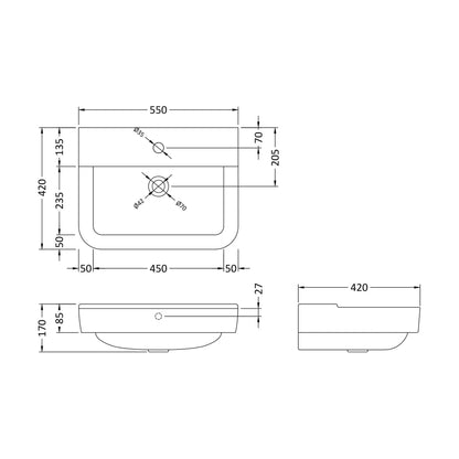 [BCAL704] 550mm 1th Basin - Technical Drawing