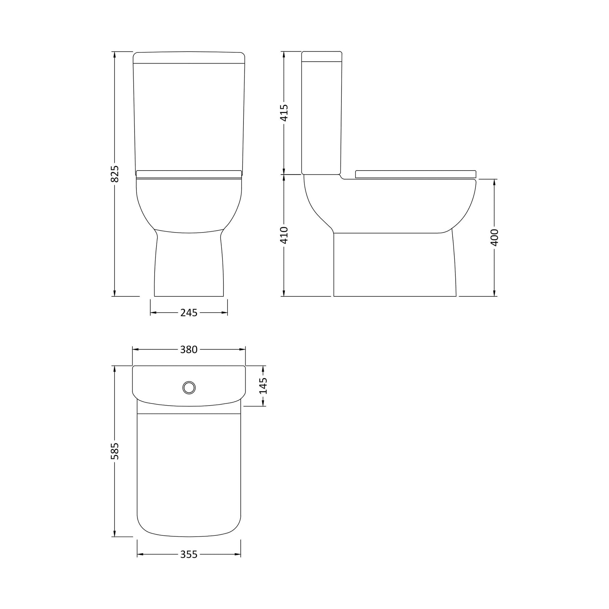 [BCAM020] Balterley Semi Flush to Wall Close Coupled WC Toilet & Seat, Modern Square Design, 825mm - Technical Drawing