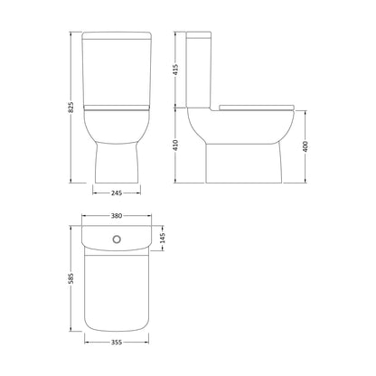 [BCAM020] Balterley Semi Flush to Wall Close Coupled WC Toilet & Seat, Modern Square Design, 825mm - Technical Drawing