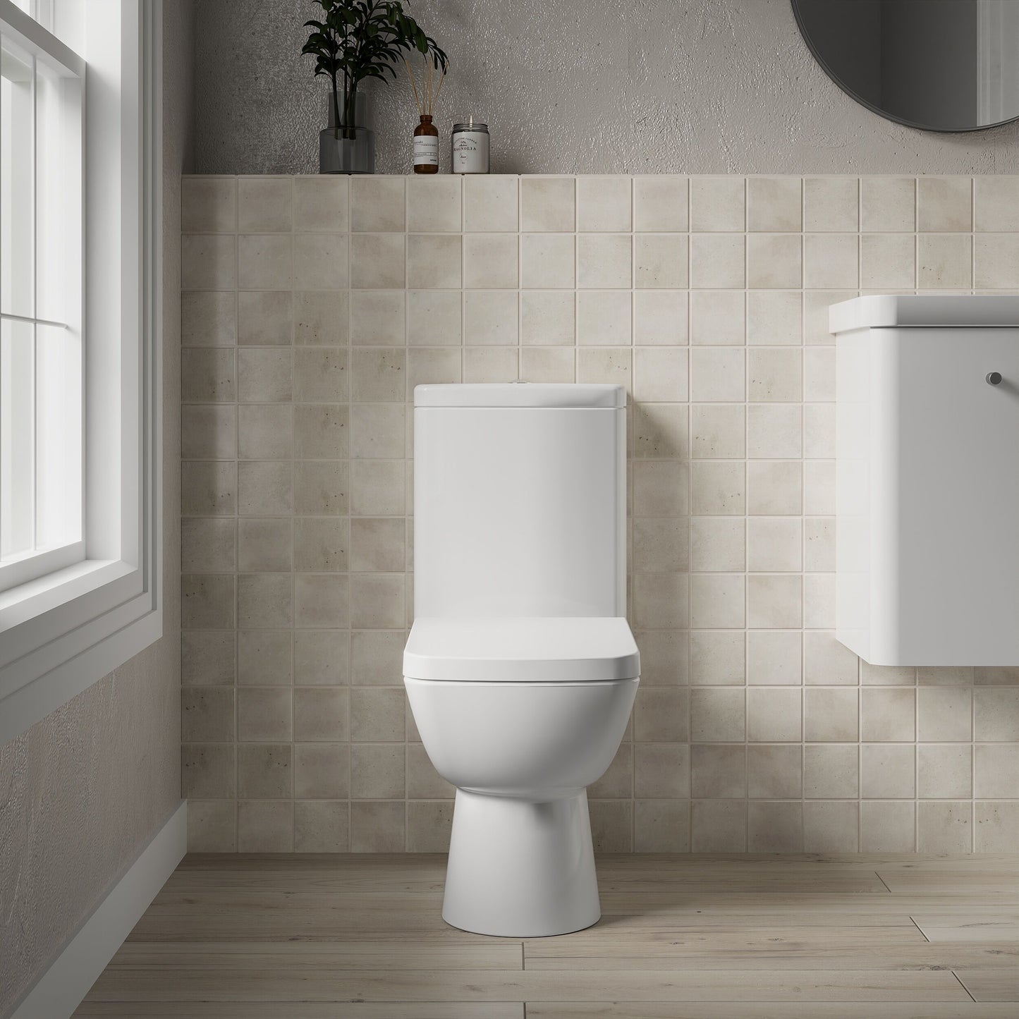[BCAM020] Balterley Semi Flush to Wall Close Coupled WC Toilet & Seat, Modern Square Design, 825mm - Lifestyle 1