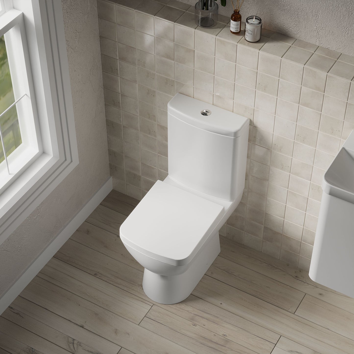 [BCAM020] Balterley Semi Flush to Wall Close Coupled WC Toilet & Seat, Modern Square Design, 825mm - Lifestyle 2