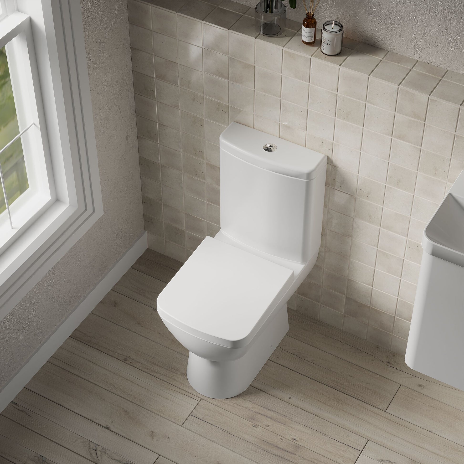[BCAM020] Balterley Semi Flush to Wall Close Coupled WC Toilet & Seat, Modern Square Design, 825mm - Lifestyle 2