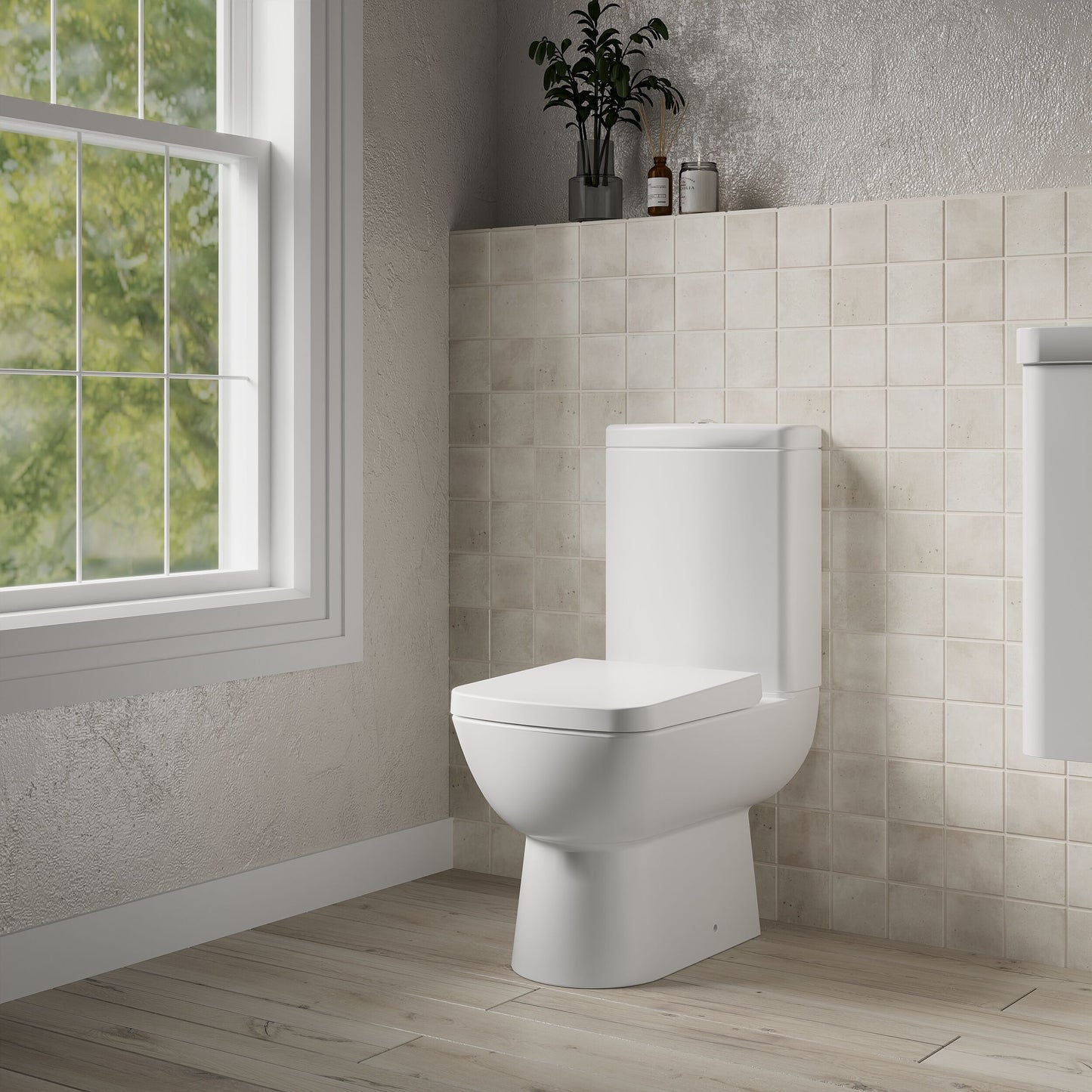 [BCAM020] Balterley Semi Flush to Wall Close Coupled WC Toilet & Seat, Modern Square Design, 825mm - Lifestyle 3