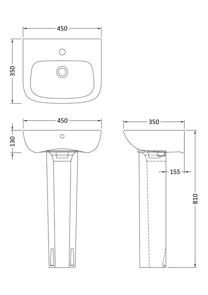 [BCAM021] Soft Square Contemporary 1 Tap Hole Ceramic Basin and Pedestal, Choice of Basin Size - Line Drawing