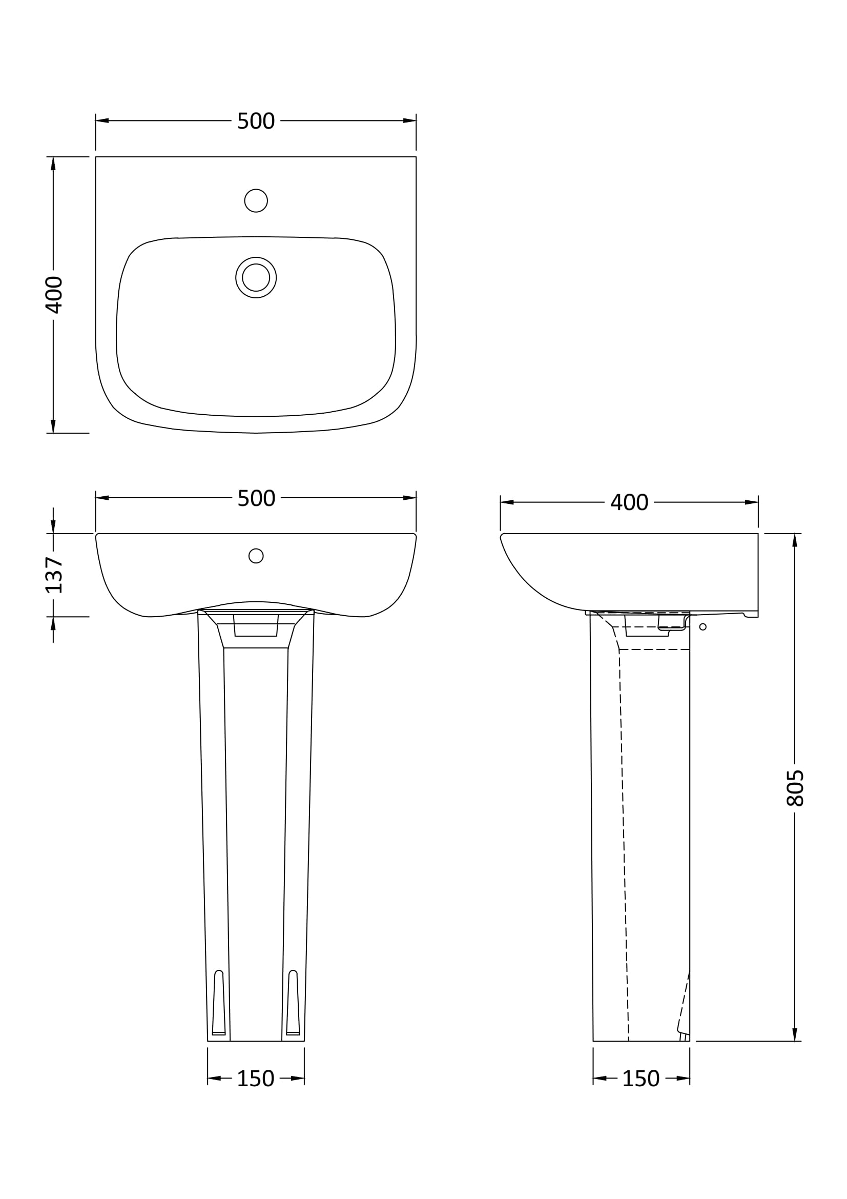[BCAM022] Soft Square Contemporary 1 Tap Hole Ceramic Basin and Pedestal, Choice of Basin Size - Line Drawing