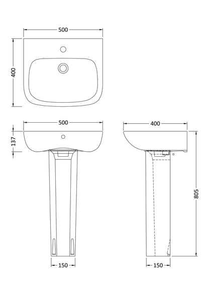[BCAM022] Soft Square Contemporary 1 Tap Hole Ceramic Basin and Pedestal, Choice of Basin Size - Line Drawing