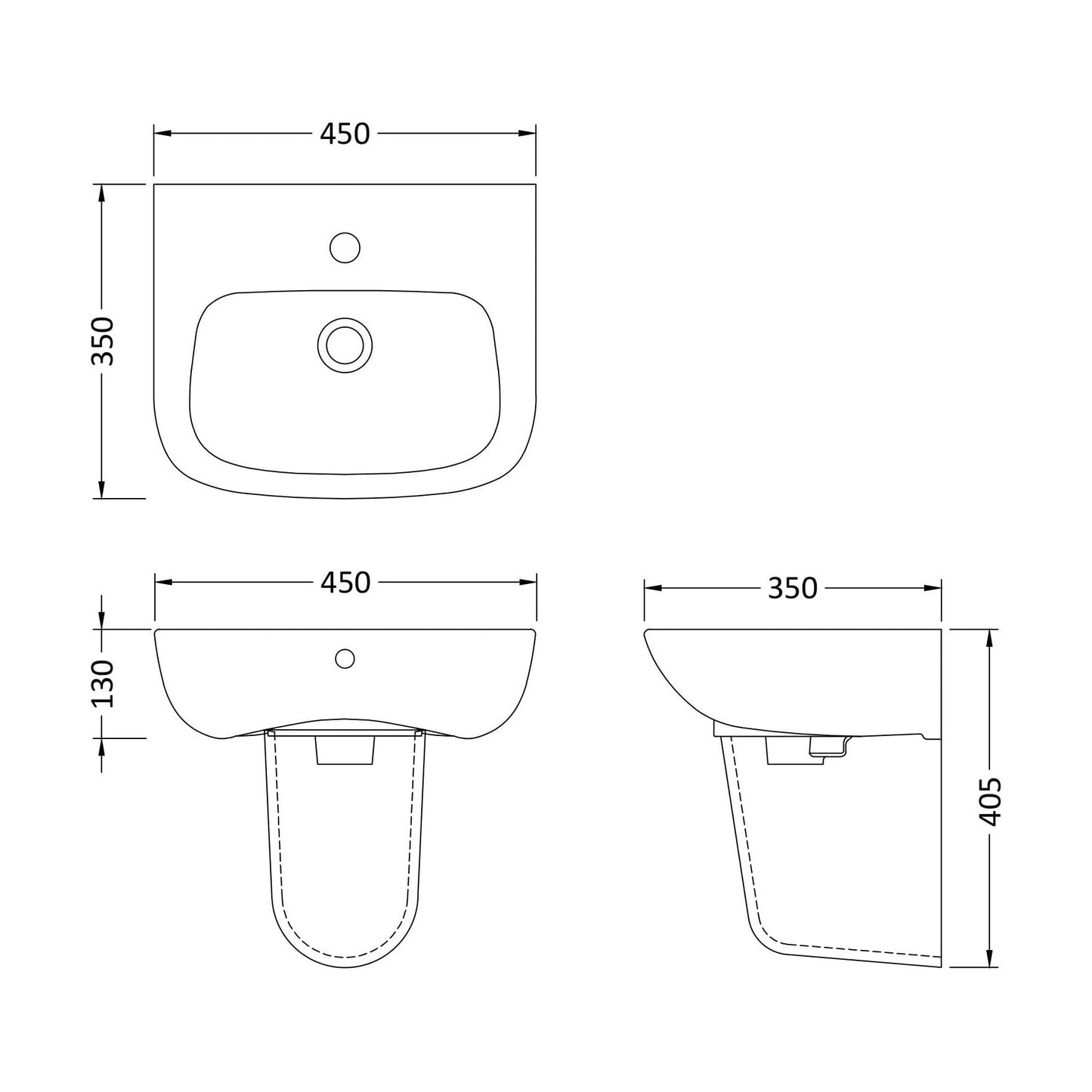 [BCAM023] Balterley 1 Tap Hole Ceramic Basin & Semi Pedestal, Soft Square Wall Hung Bathroom Sink, 450mm - Technical Drawing