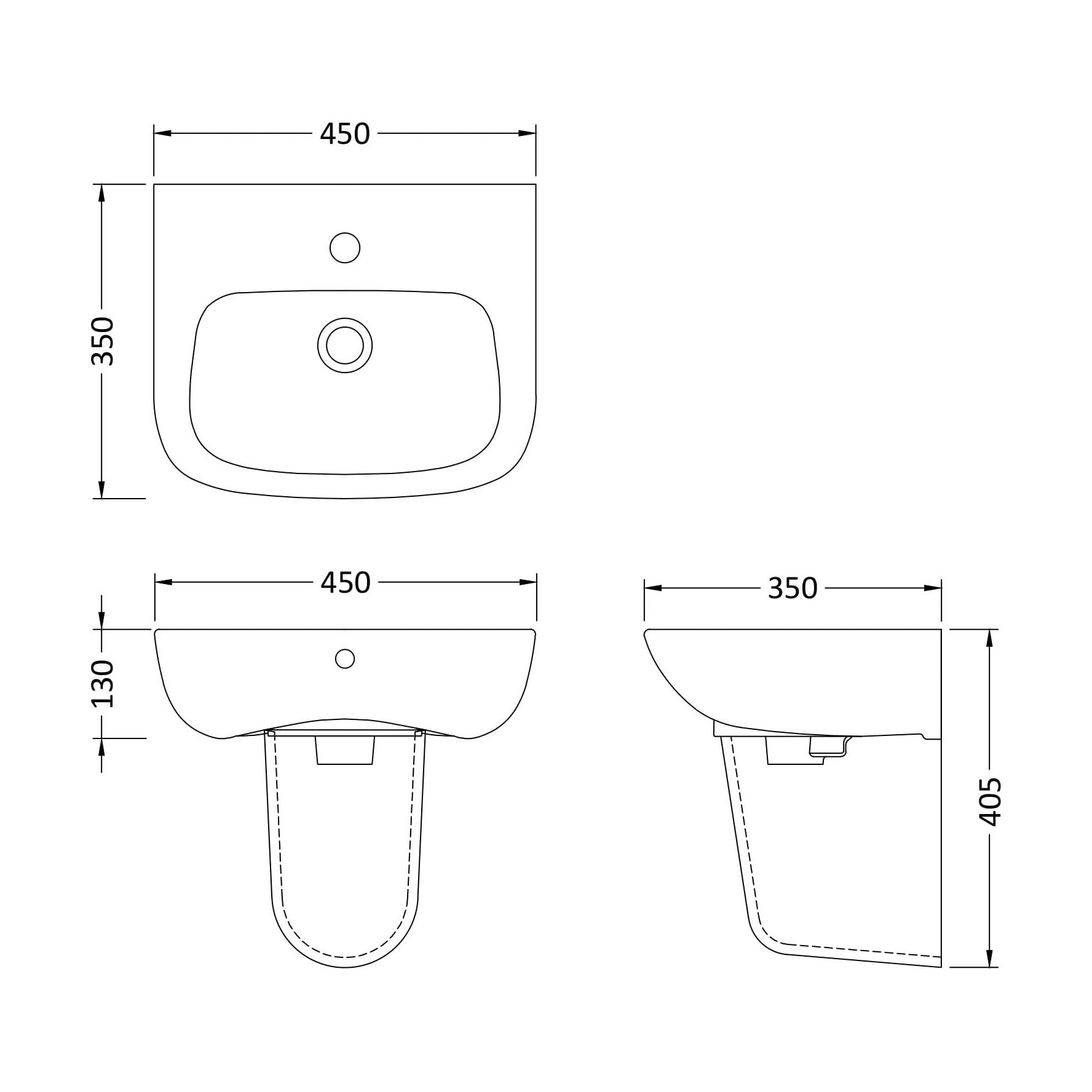 [BCAM023] Balterley 1 Tap Hole Ceramic Basin & Semi Pedestal, Soft Square Wall Hung Bathroom Sink, 450mm - Technical Drawing