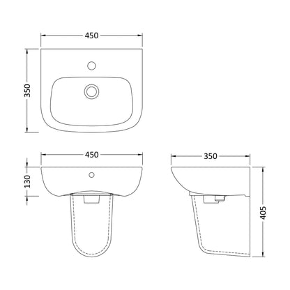 [BCAM023] Balterley 1 Tap Hole Ceramic Basin & Semi Pedestal, Soft Square Wall Hung Bathroom Sink, 450mm - Technical Drawing