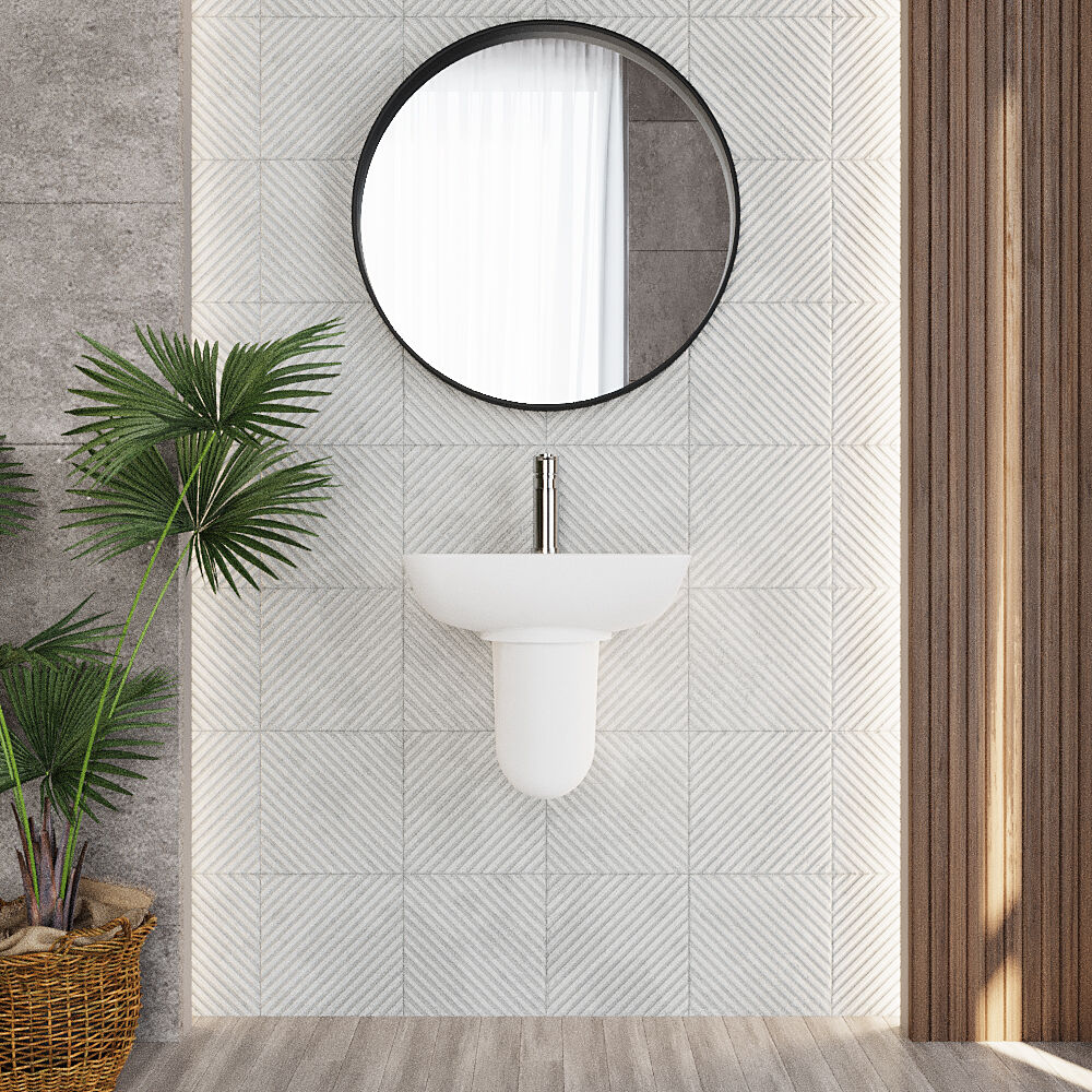 [BCAM023] Balterley 1 Tap Hole Ceramic Basin & Semi Pedestal, Soft Square Wall Hung Bathroom Sink, 450mm - Lifestyle 1