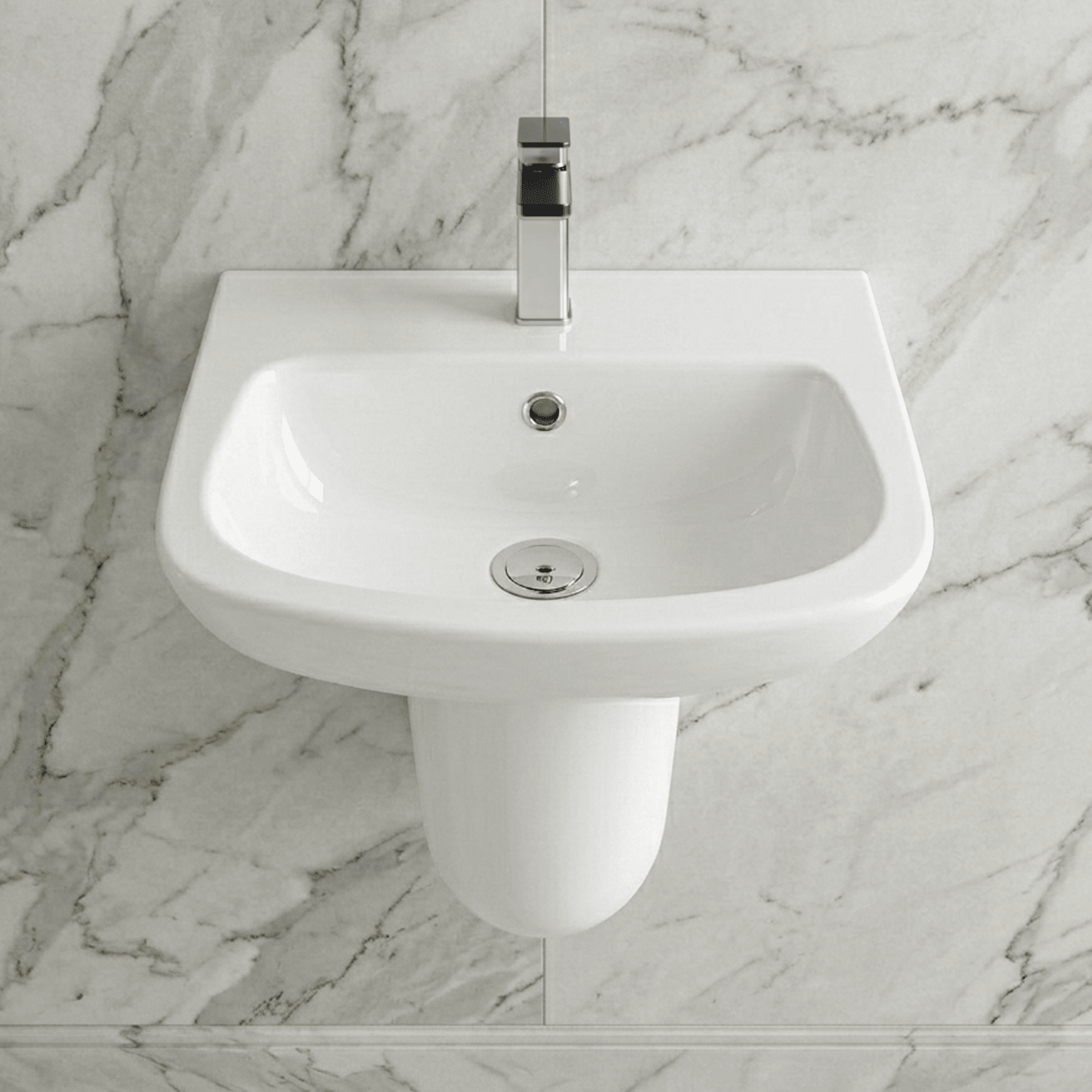 [BCAM023] Balterley 1 Tap Hole Ceramic Basin & Semi Pedestal, Soft Square Wall Hung Bathroom Sink, 450mm - Silo