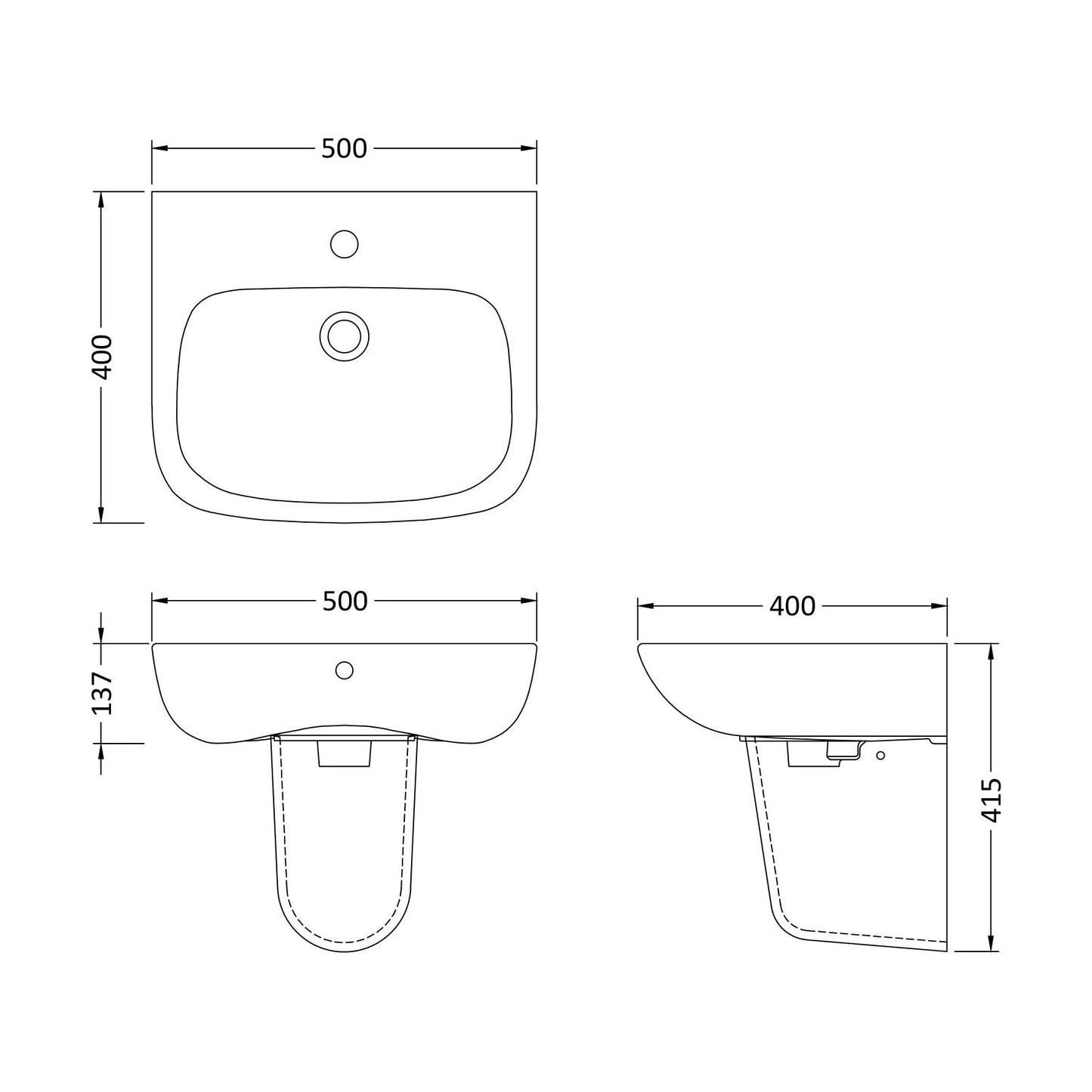 [BCAM024] Balterley 1 Tap Hole Ceramic Basin & Semi Pedestal, Soft Square Wall Hung Bathroom Sink, 500mm - Technical Drawing