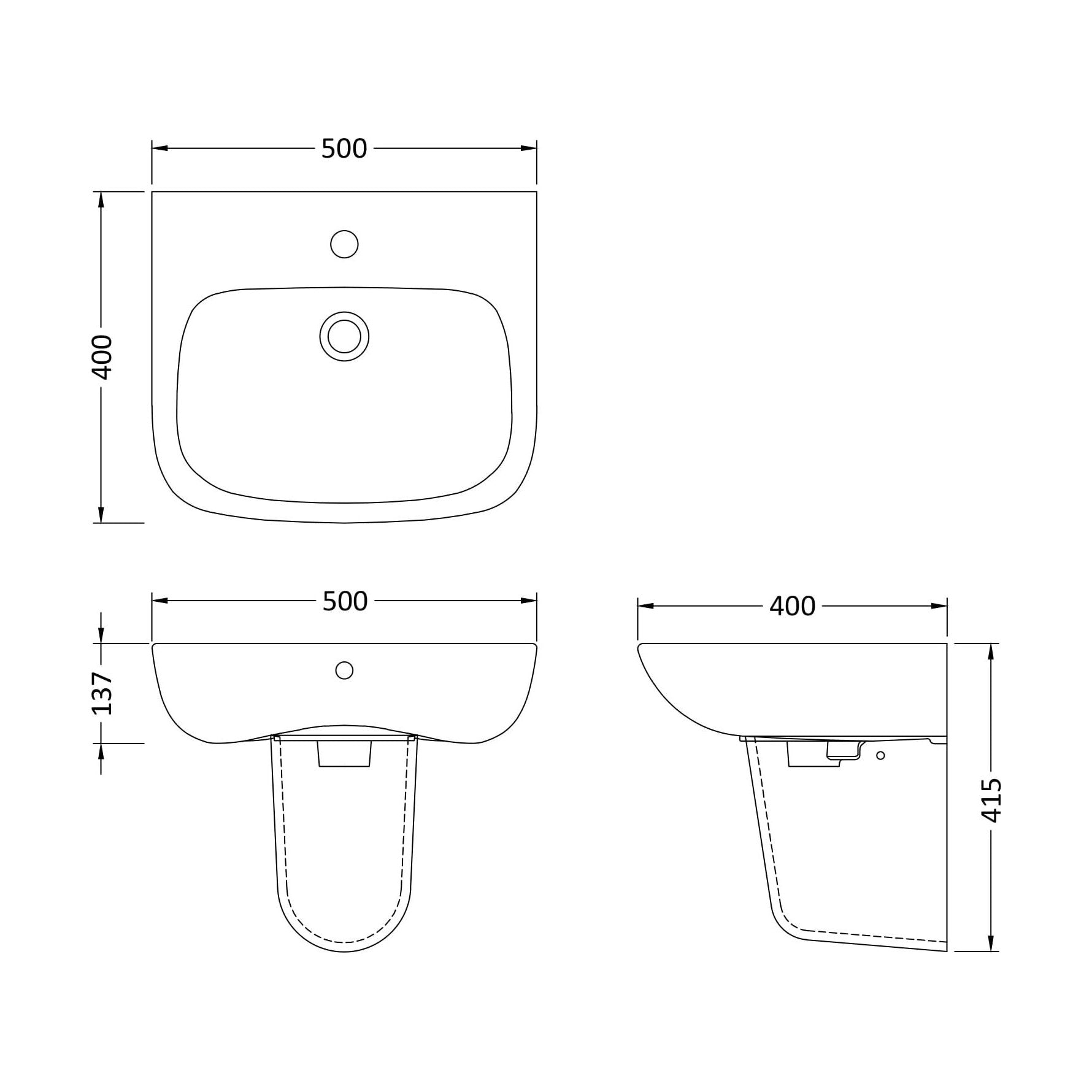 [BCAM024] Balterley 1 Tap Hole Ceramic Basin & Semi Pedestal, Soft Square Wall Hung Bathroom Sink, 500mm - Technical Drawing
