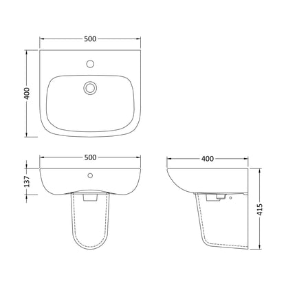 [BCAM024] Balterley 1 Tap Hole Ceramic Basin & Semi Pedestal, Soft Square Wall Hung Bathroom Sink, 500mm - Technical Drawing