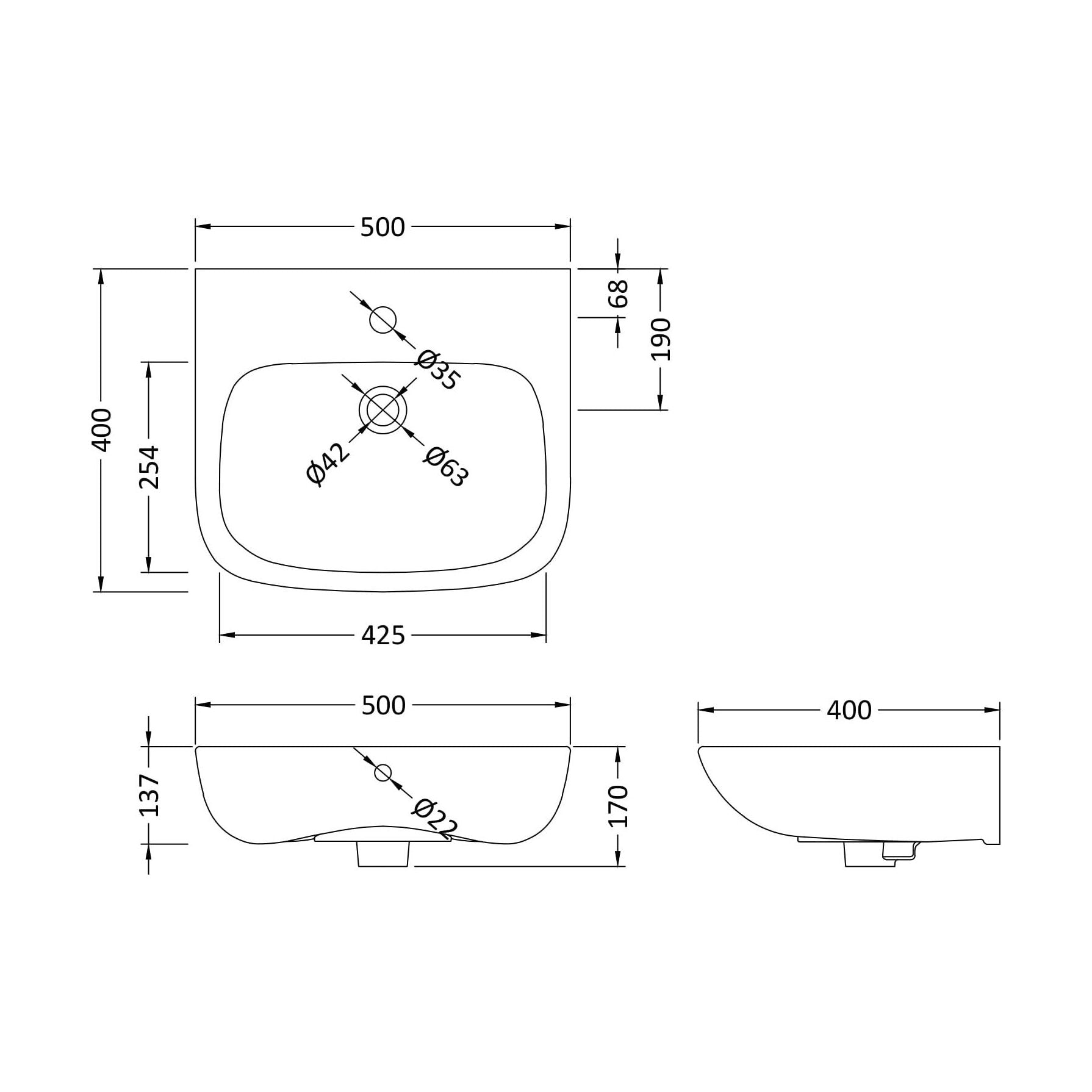 [BCAM522] 500mm Basin 1Th - Technical Drawing