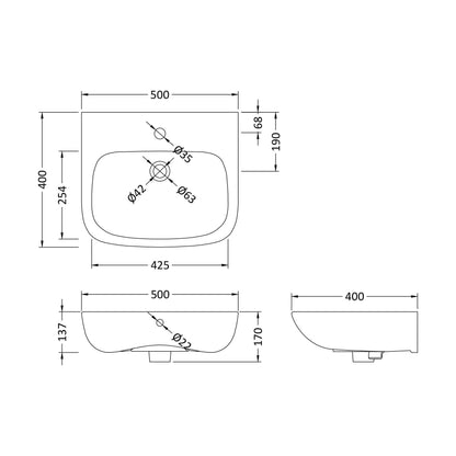[BCAM522] 500mm Basin 1Th - Technical Drawing