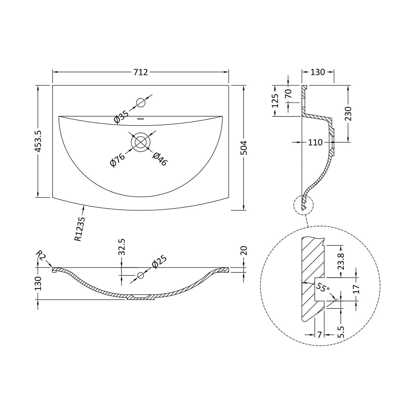[BCAR073] 712 x 506 Vanity Basin - Technical Drawing