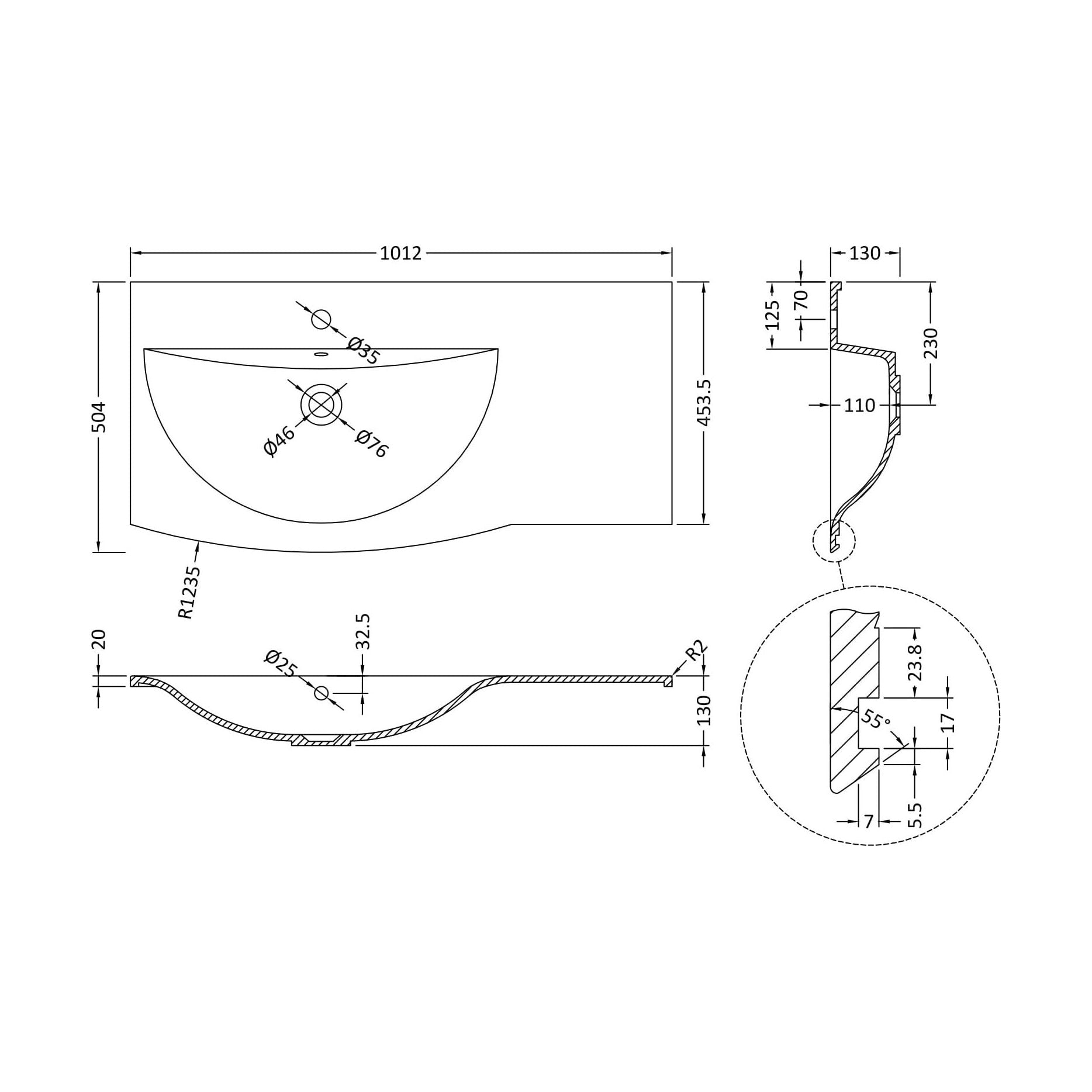[BCAR093L] 1012 x 504 Vanity Basin LH - Technical Drawing