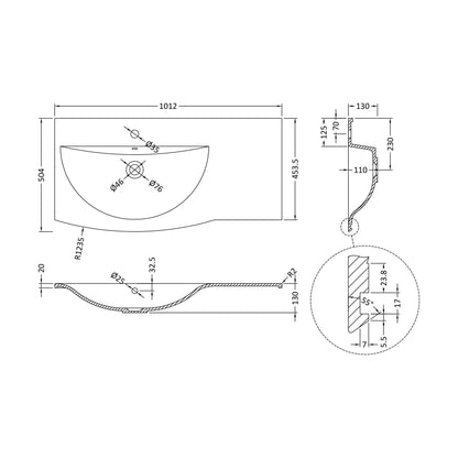 [BCAR093L] 1012 x 504 Vanity Basin LH - Technical Drawing