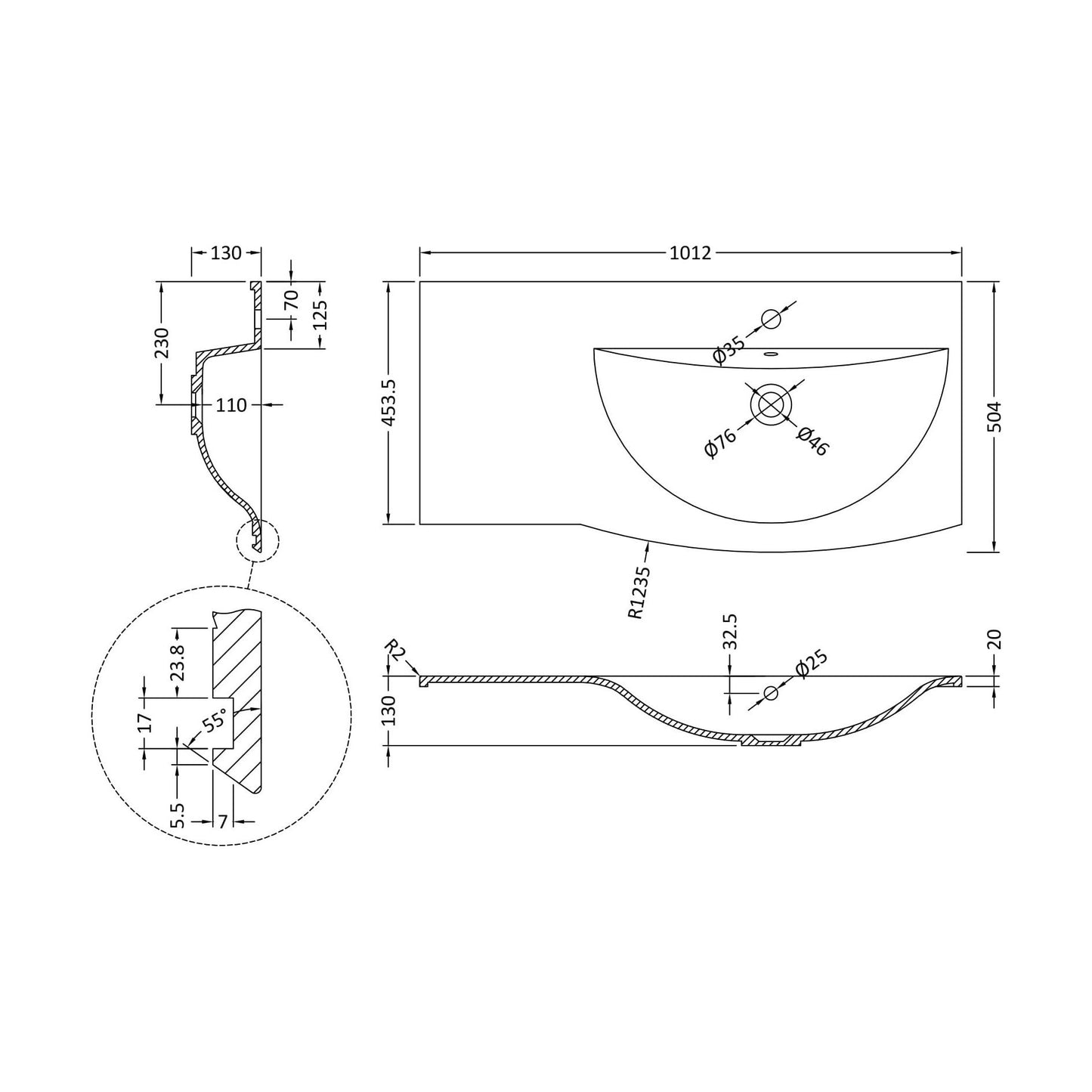 [BCAR093R] 1012 x 504 Vanity Basin RH - Technical Drawing