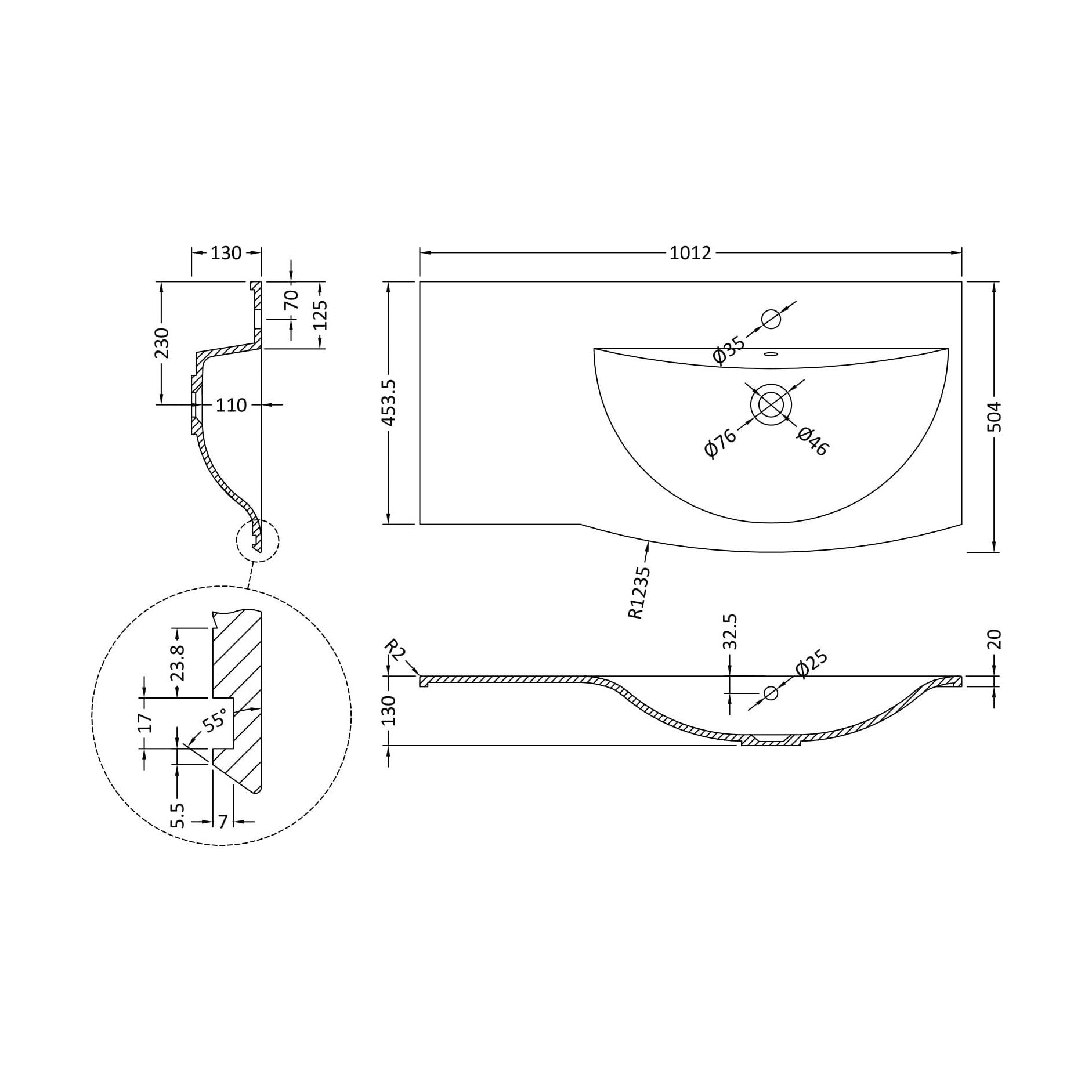 [BCAR093R] 1012 x 504 Vanity Basin RH - Technical Drawing