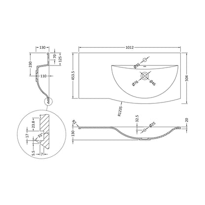 [BCAR093R] 1012 x 504 Vanity Basin RH - Technical Drawing