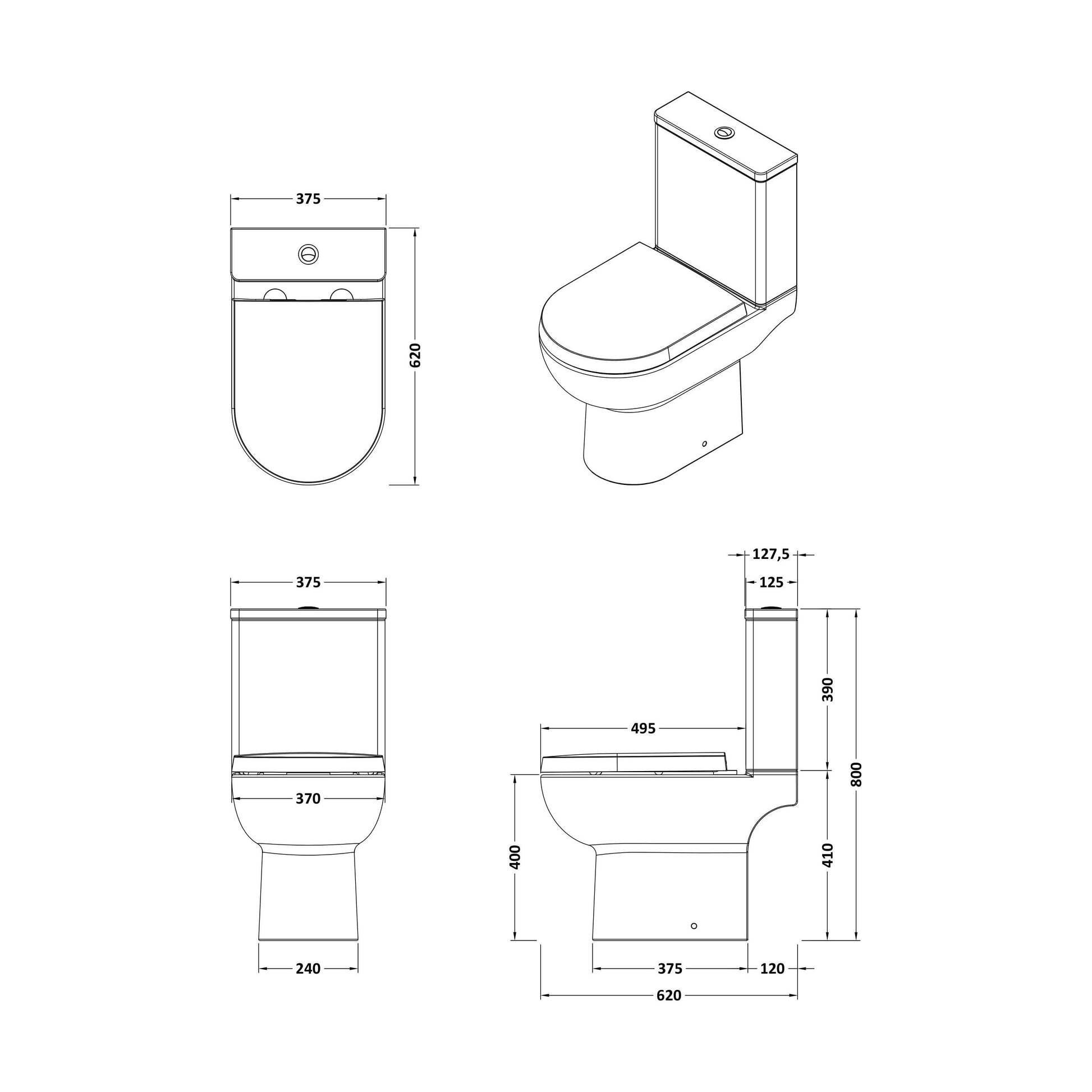 [BCAZ006] Morridge Contemporary Round Compact Rimless Toilet Pan and Cistern - 800 x 375 x 620mm - Technical Drawing