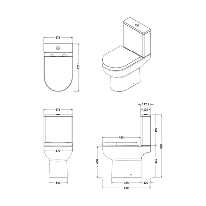 [BCAZ006] Morridge Contemporary Round Compact Rimless Toilet Pan and Cistern - 800 x 375 x 620mm - Technical Drawing