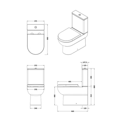 [BCAZ007] Morridge Contemporary Round Rimless Toilet Pan and Cistern - 800 x 375 x 660mm - Technical Drawing