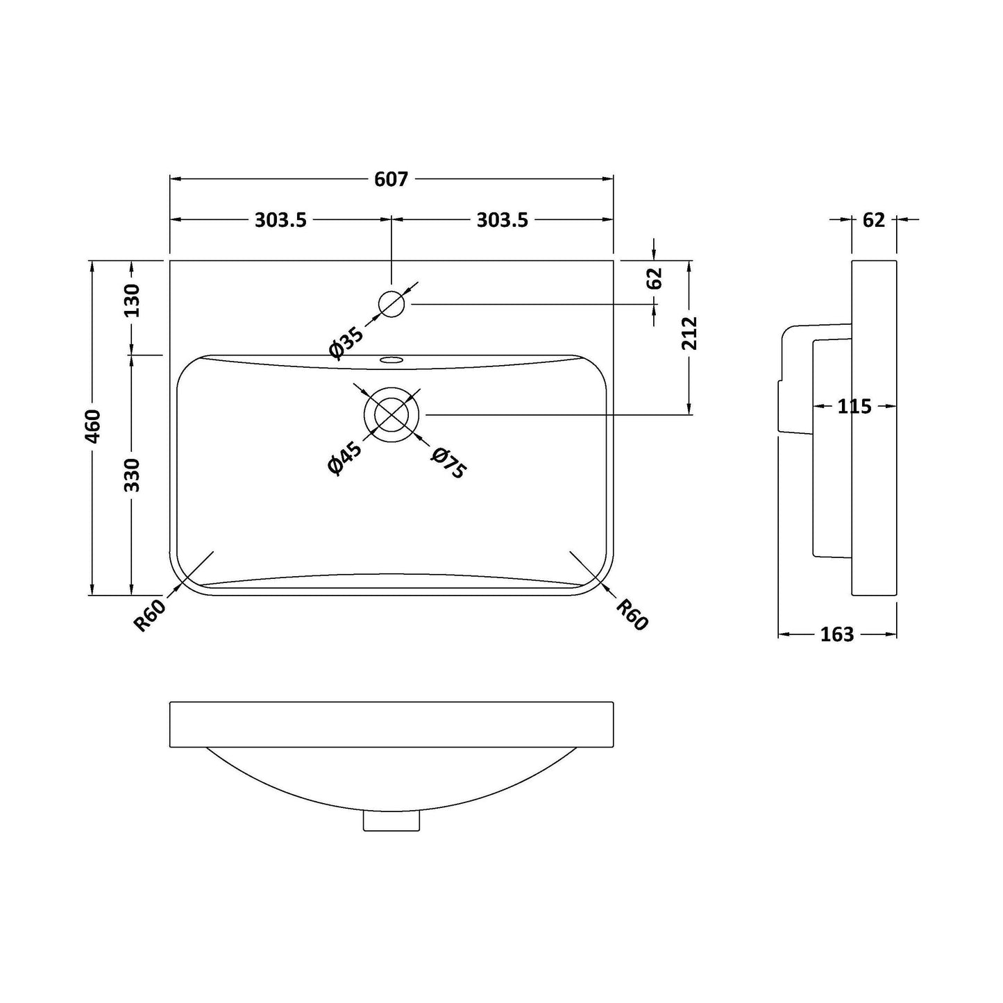 [BCBM033] 600 x 460 Curved Thin-Edged Basin 1TH - Technical Drawing