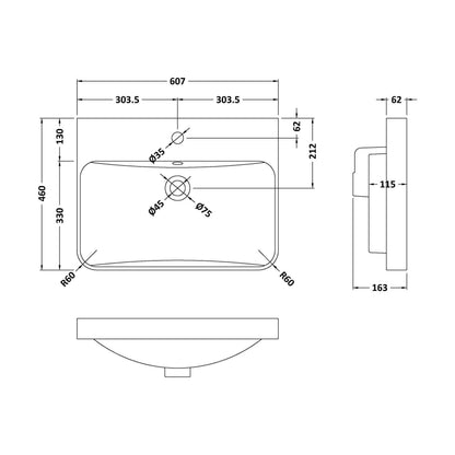 [BCBM033] 600 x 460 Curved Thin-Edged Basin 1TH - Technical Drawing