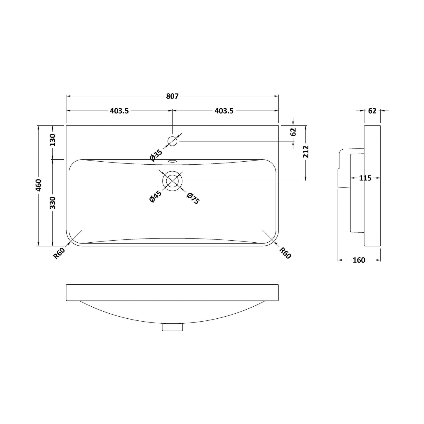 [BCBM035] 800 x 460 Curved Thin-Edged Basin 1TH - Technical Drawing