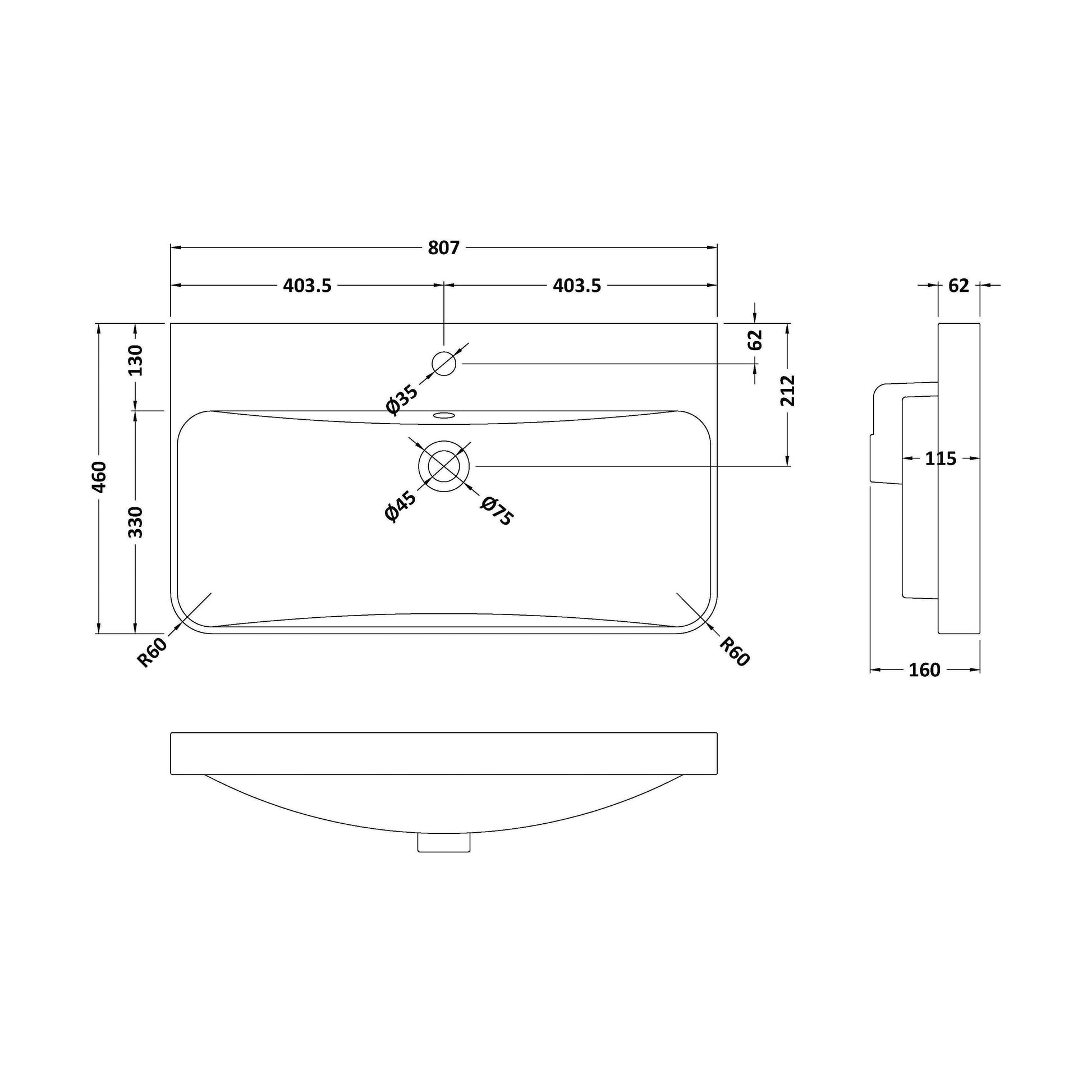 [BCBM035] 800 x 460 Curved Thin-Edged Basin 1TH - Technical Drawing