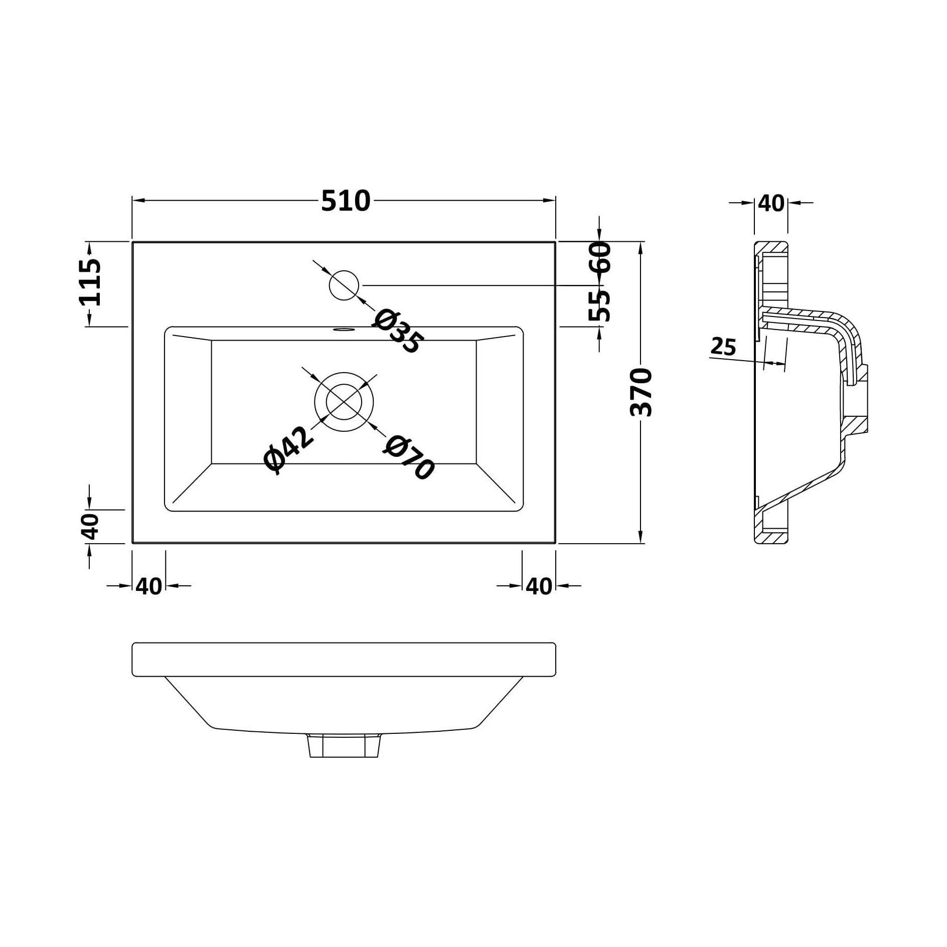 [BCBM312] Ceramic Rear Tap Basin 505x360 - Technical Drawing
