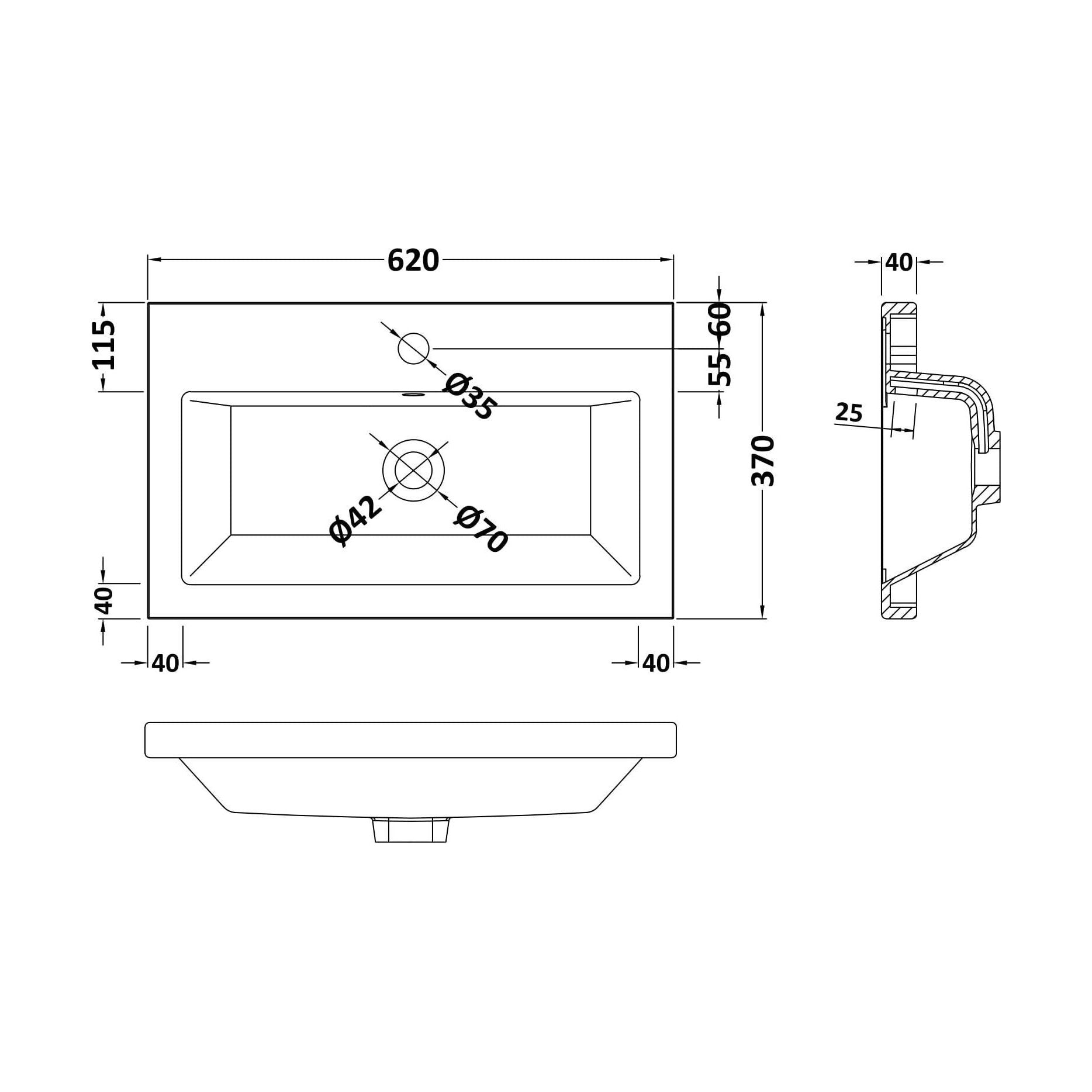 [BCBM313] Ceramic Rear Tap Basin 605x360 - Technical Drawing
