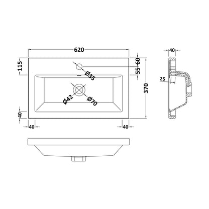 [BCBM313] Ceramic Rear Tap Basin 605x360 - Technical Drawing
