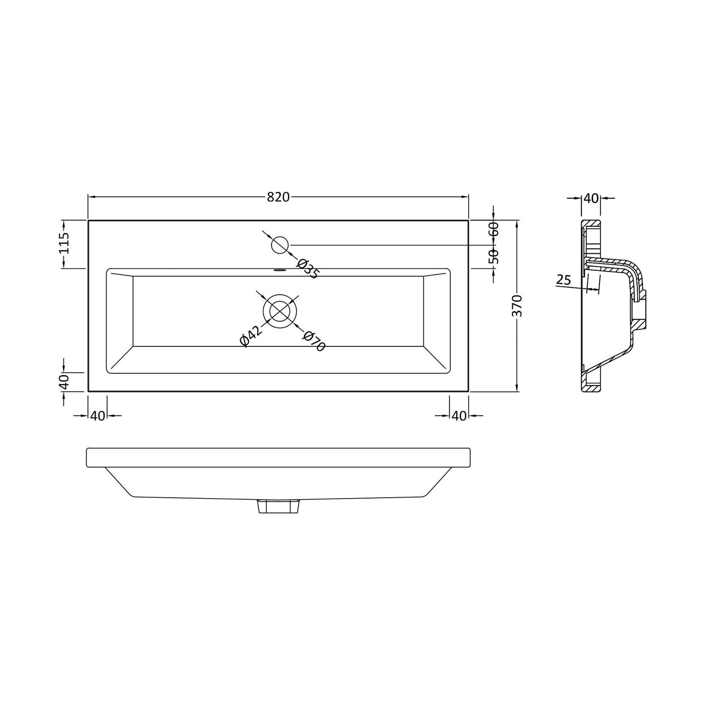 [BCBM315] Ceramic Rear Tap Basin 805x360 - Technical Drawing
