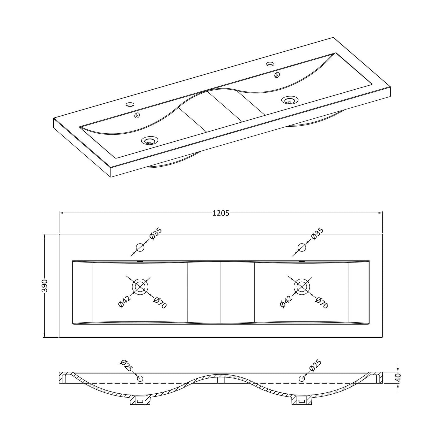 [BCBM424] Double Ceramic Basin 1208x392 - Technical Drawing