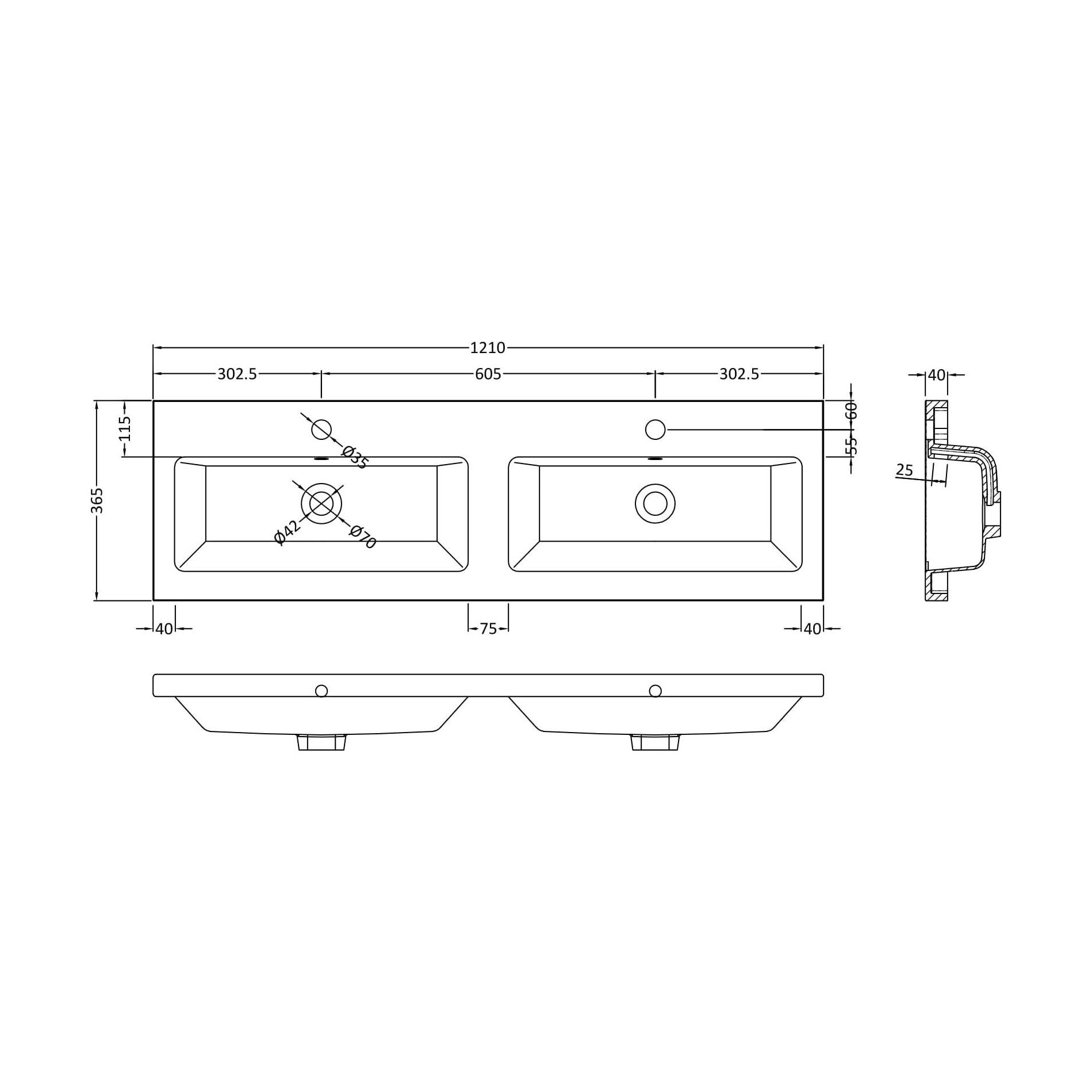 [BCBM425] Double Ceramic Basin 1208x358 - Technical Drawing