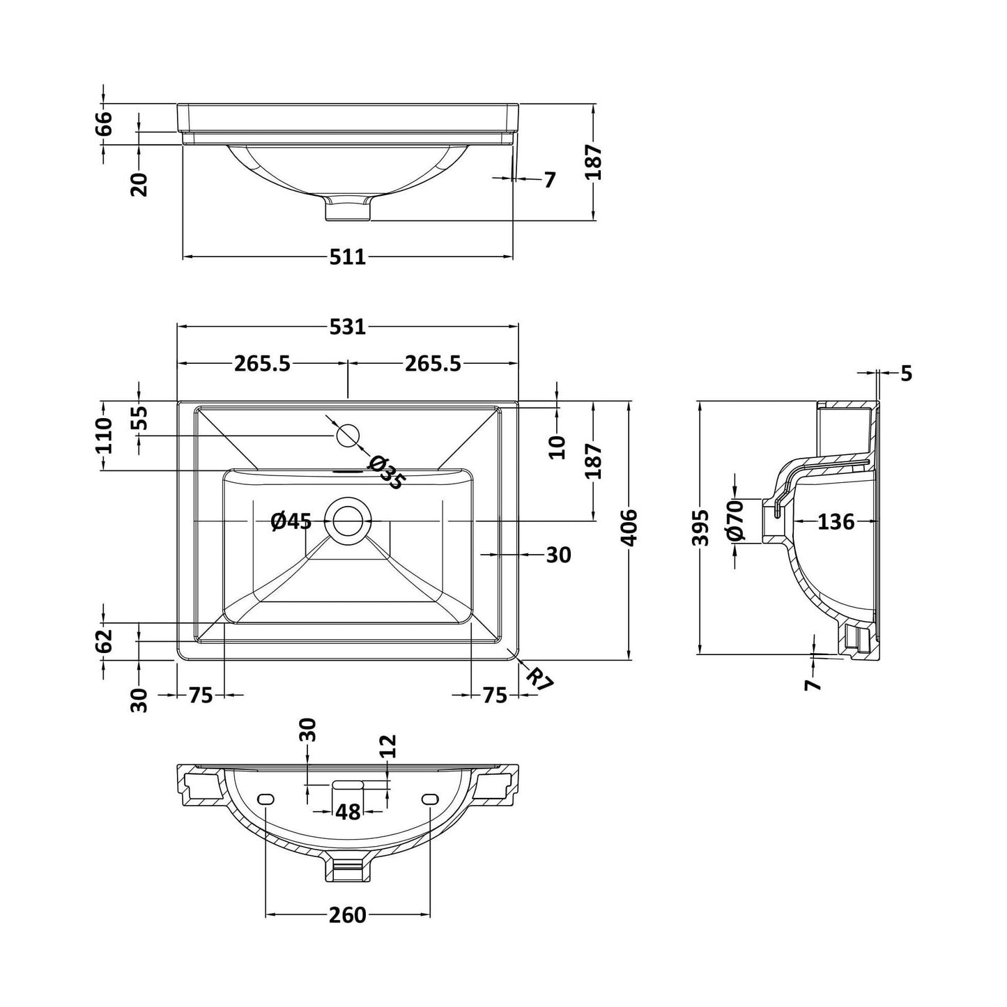 [BCBM502] 500 Classic Basin (540x410x185) 1TH - Technical Drawing