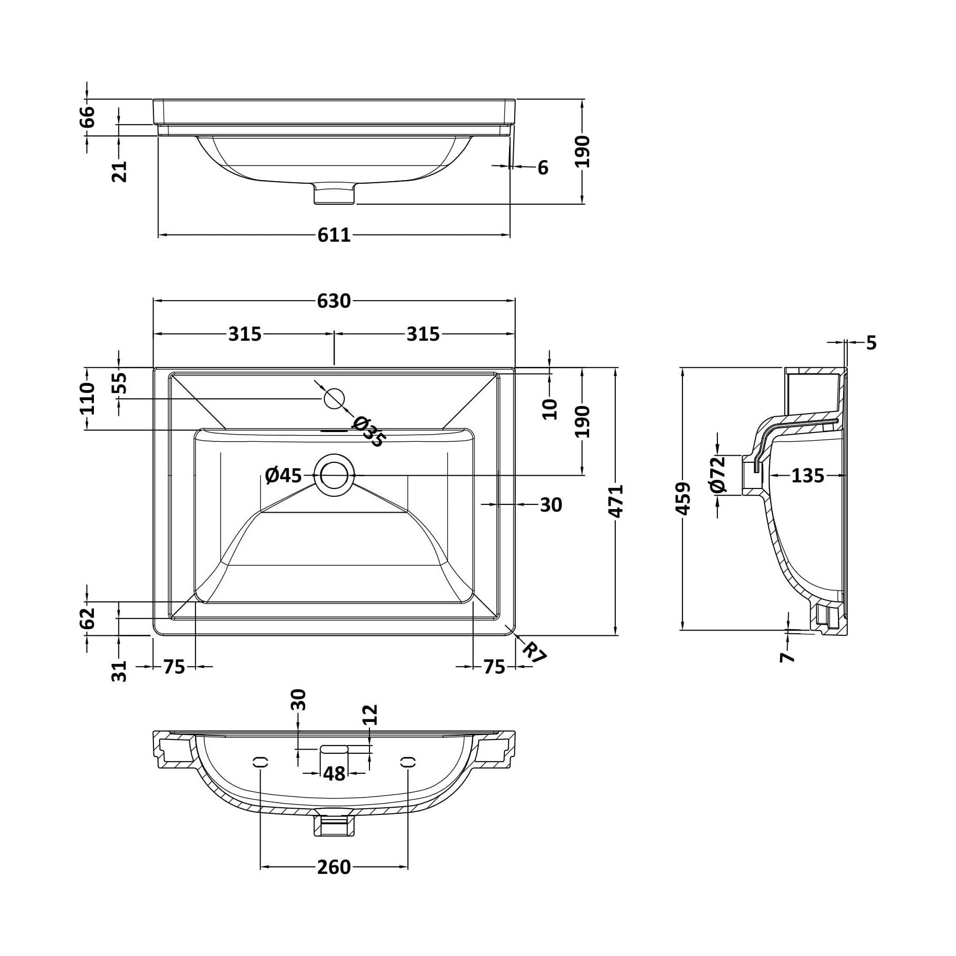 [BCBM503] 600 Classic Basin (640x472x185) 1TH - Technical Drawing